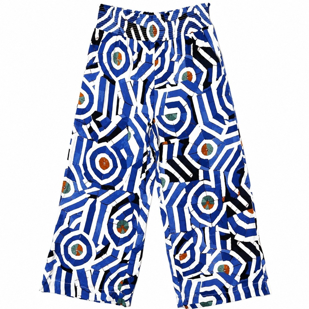 Anthropologie Maeve Saria Wide Leg Pants M Blue Geometric Smocked Waist